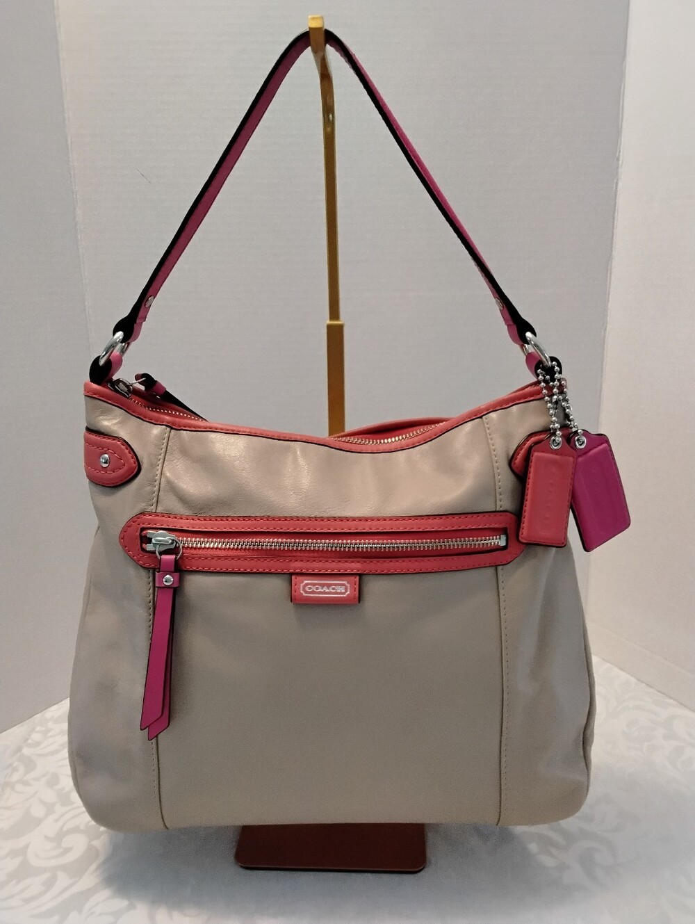 Coach Beige Daisy Leather Shoulder Hobo with Pink/Orange Trim and Tags